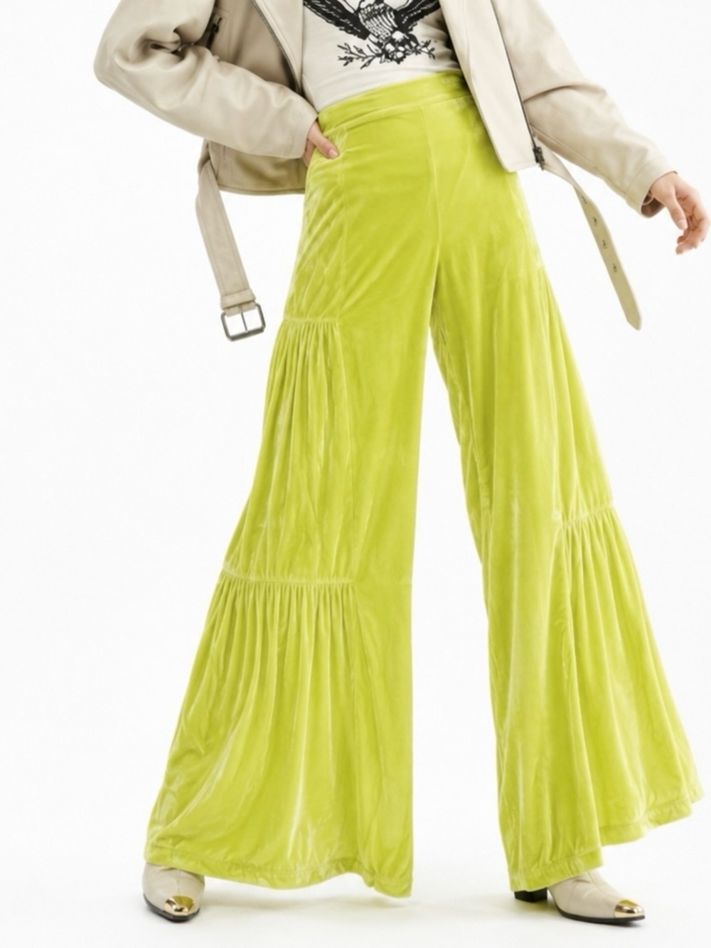 Free People Lime Velvet Wide-Leg Palazzo Pants